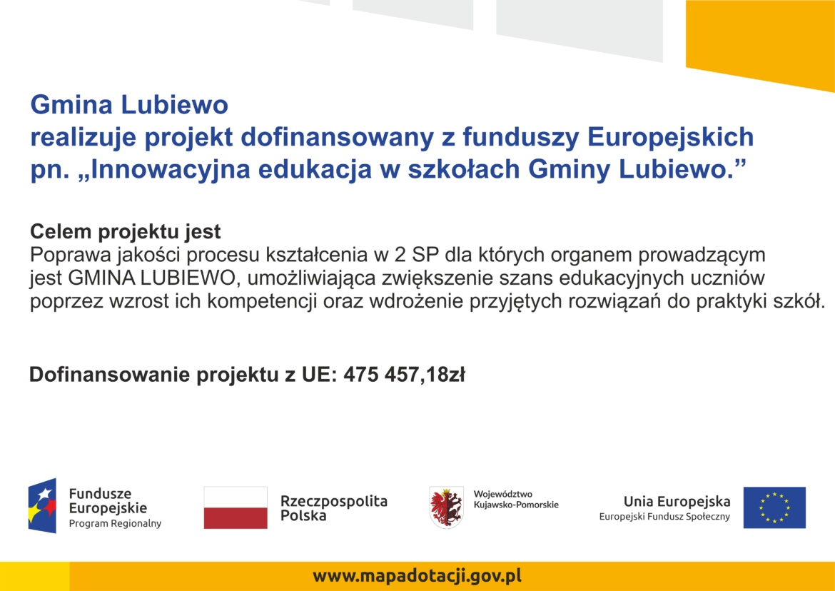 Gmina Lubiewo realizuje projekt dofinansowany z funduszy Europejskich pn. „Innowacyjna edukacja w szkołach Gminy Lubiewo.”