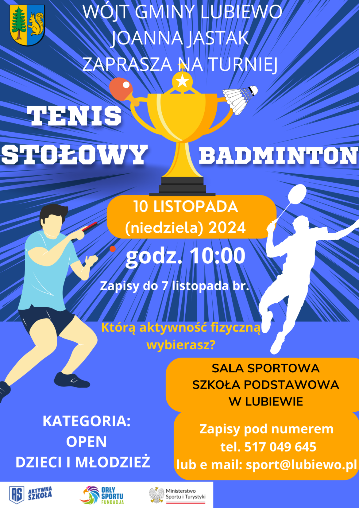 Wójt Gminy Lubiewo zaprasza na turniej: Tenis stołowy, Badminton