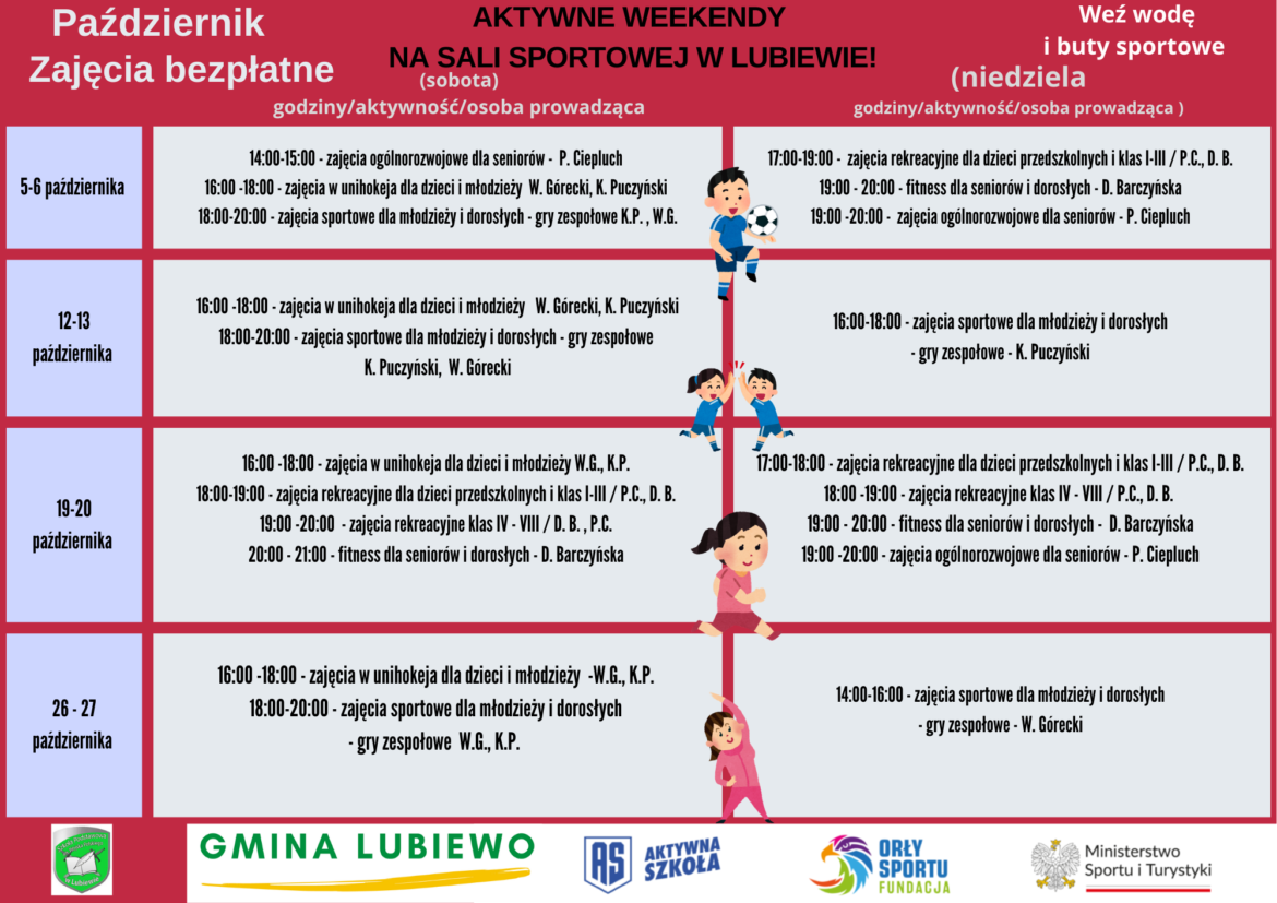 AKTYWNE WEEKENDY NA SALI SPORTOWEJ W LUBIEWIE! – zajęcia bezpłatne