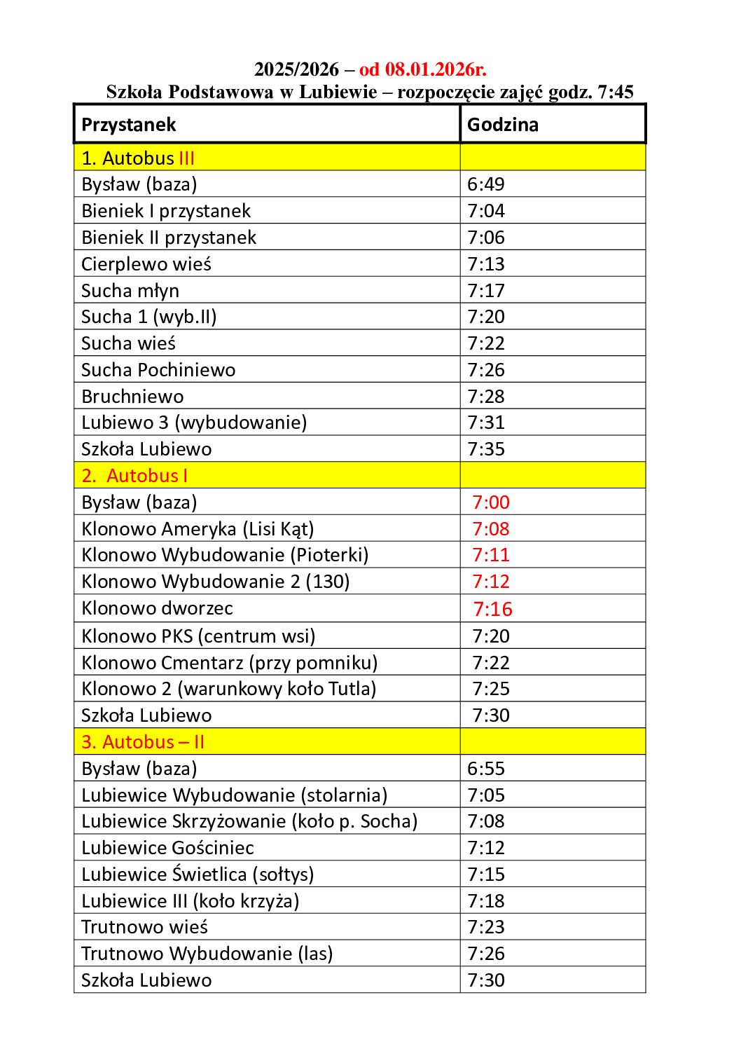 UWAGA Klonowo – zmiany w dowozach
